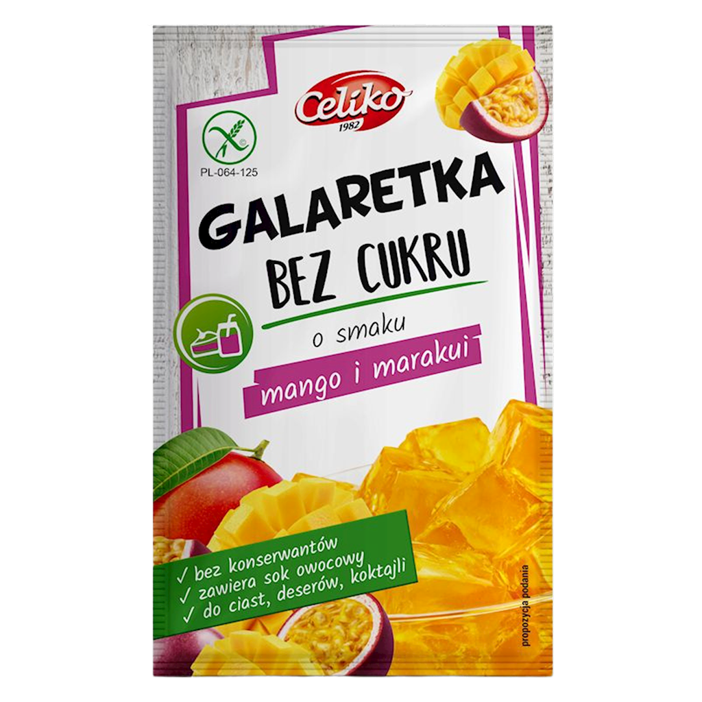 GALARETKA BEZ CUKRU O SMAKU MANGO – MARAKUJA BEZGLUTENOWA 14 g – CELIKO