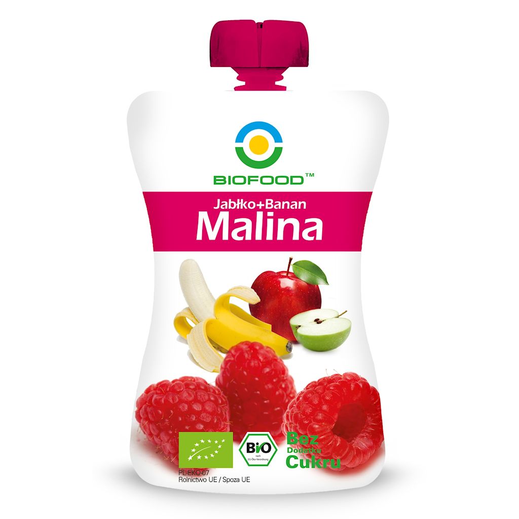 MUS JABŁKO – BANAN – MALINA BEZ DODATKU CUKRÓW BEZGLUTENOWY BIO 200 g – BIOFOOD