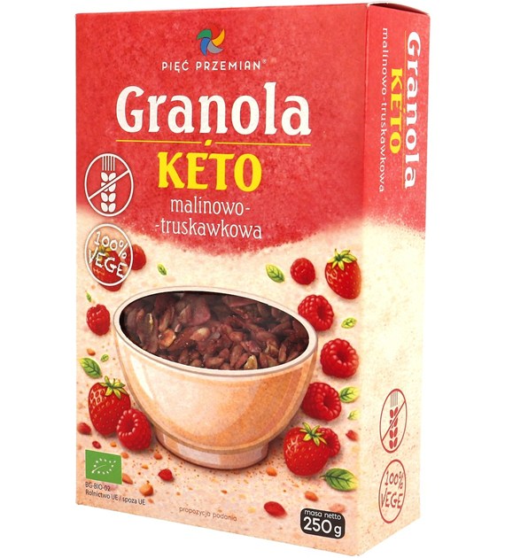 GRANOLA MALINOWO – TRUSKAWKOWA BEZ DODATKU CUKRÓW BEZGLUTENOWA KETO BIO 250 g – PIĘĆ PRZEMIAN