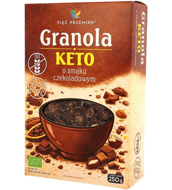 GRANOLA O SMAKU CZEKOLADOWYM BEZ DODATKU CUKRÓW BEZGLUTENOWA KETO BIO 250 g – PIĘĆ PRZEMIAN