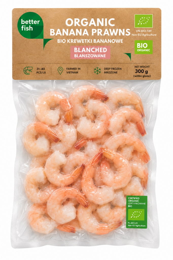 KREWETKI BANANOWE BLANSZOWANE MROŻONE BIO 225 g – BETTER FISH