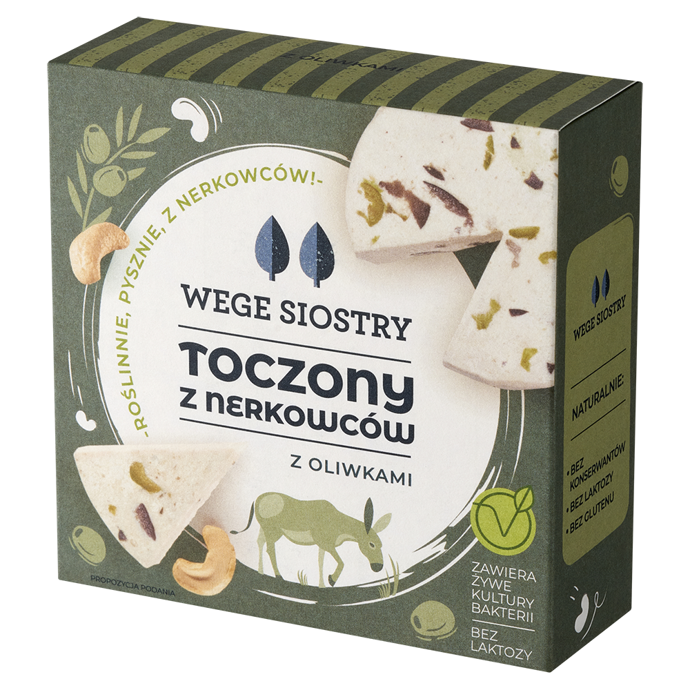 przecena WEGAŃSKA ALTERNATYWA SERA Z ORZECHÓW NERKOWCA Z OLIWKAMI BEZGLUTENOWA 140 g – WEGE SIOSTRY
