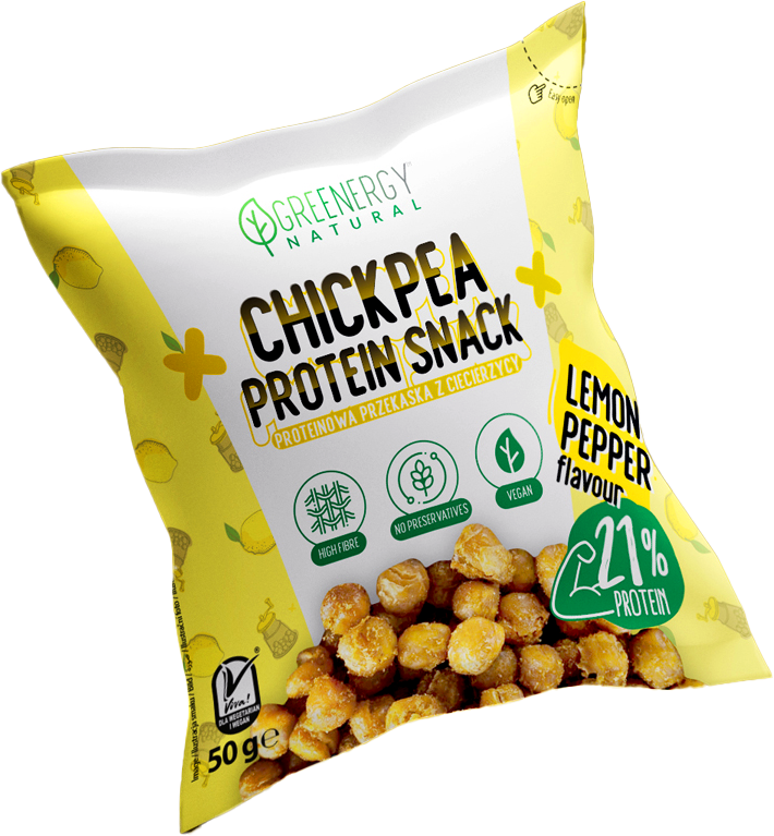 PRZEKĄSKA PROTEINOWA Z CIECIERZYCY O SMAKU CYTRYNY I PIEPRZU 50 g – GREENERGY
