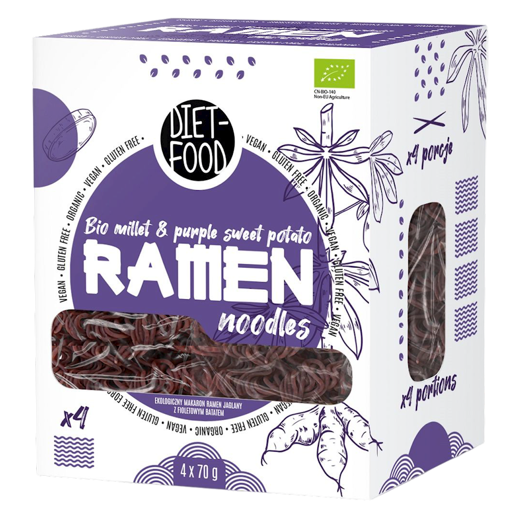 MAKARON (JAGLANO – RYŻOWY Z BATATEM FIOLETOWYM) RAMEN BEZGLUTENOWY BIO 280 g – DIET-FOOD