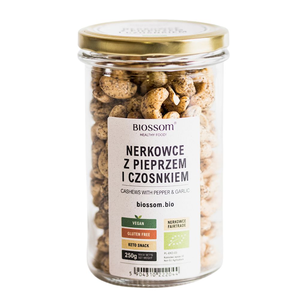 ORZECHY NERKOWCA Z PIEPRZEM I CZOSNKIEM BEZGLUTENOWE FAIR TRADE BIO 250 g – BIOSSOM