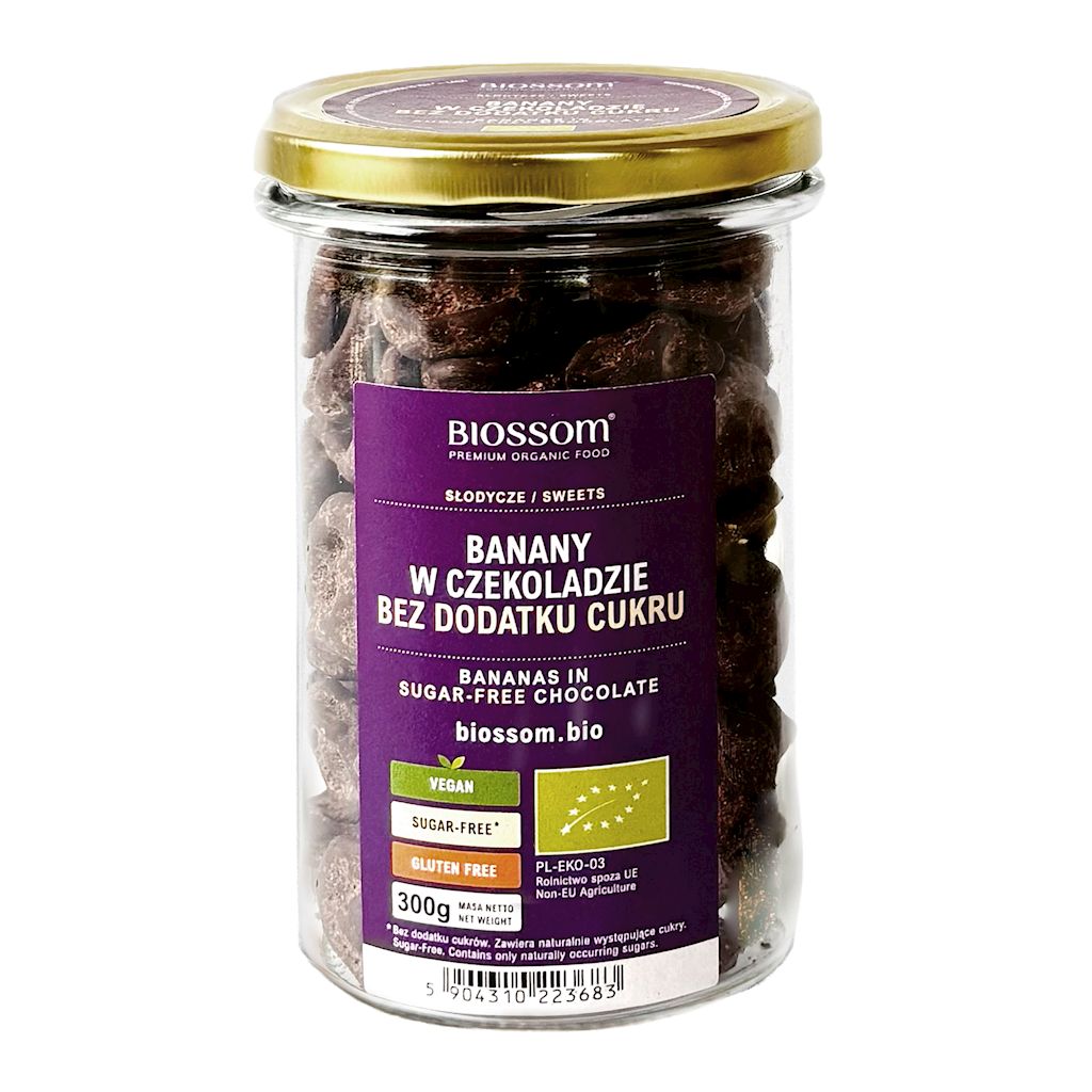 BANANY W SUROWEJ CZEKOLADZIE BEZ DODATKU CUKRÓW BEZGLUTENOWE BIO 300 g – BIOSSOM