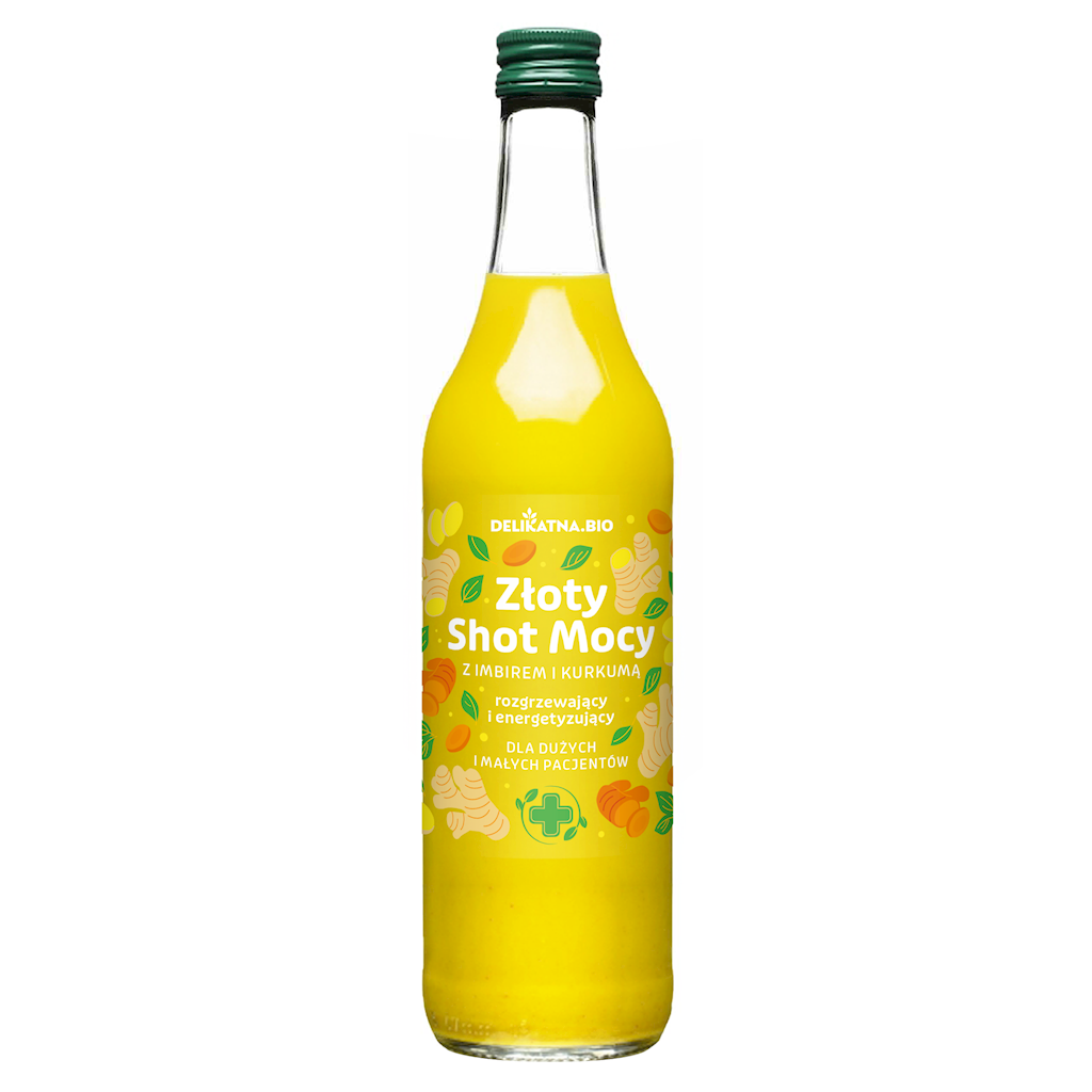 SHOT MOCY ZŁOTY Z POMARAŃCZY Z KURKUMĄ I IMBIREM ROZGRZEWAJĄCY BIO 500 ml – DELIKATNA