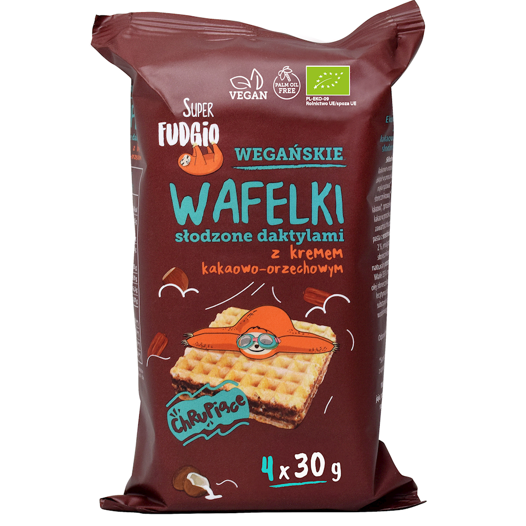 WAFELKI Z KREMEM KAKAOWO – ORZECHOWYM SŁODZONE DAKTYLAMI BIO (4 szt.) 120 g – ME GUSTO (SUPER FUDGIO)
