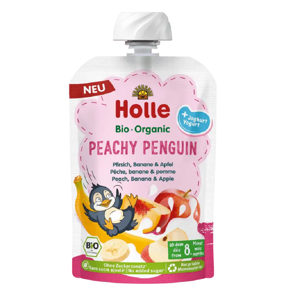 MUS BRZOSKWINIOWY PINGWIN (BRZOSKWINIA – BANAN – JABŁKO – JOGURT) BEZ DODATKU CUKRÓW BEZGLUTENOWY OD 8 MIESIĄCA BIO 100 g – HOLLE
