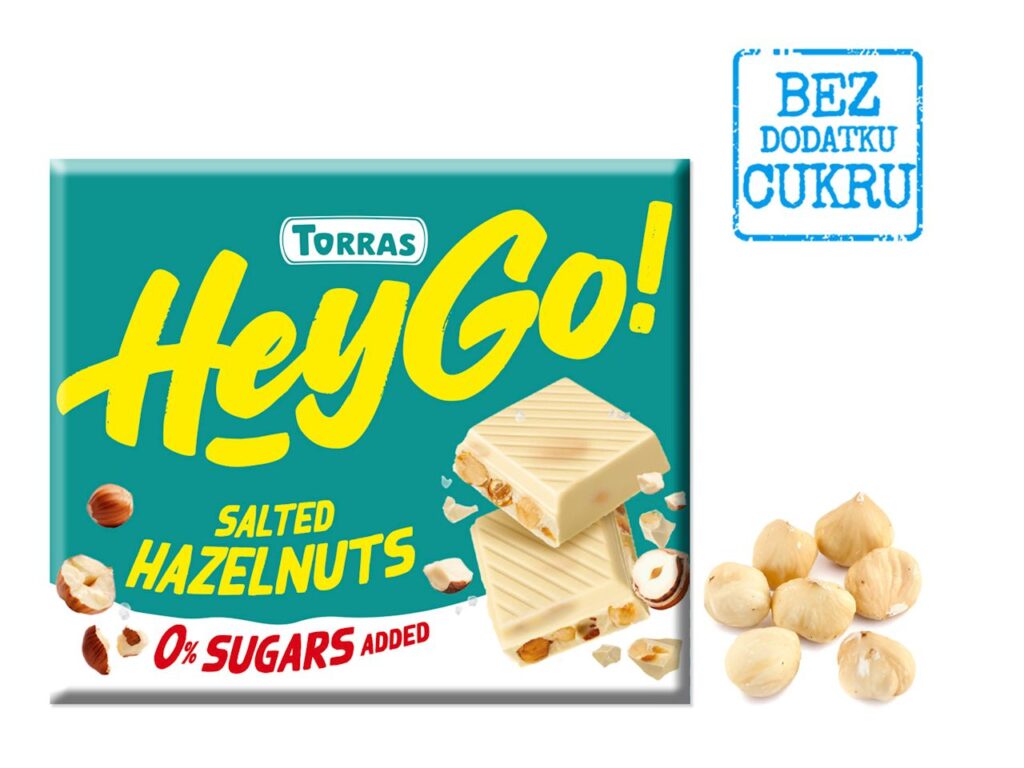 CZEKOLADA BIAŁA Z ORZECHAMI LASKOWYMI I SOLĄ MORSKĄ BEZ DODATKU CUKRÓW BEZGLUTENOWA 60 g – TORRAS