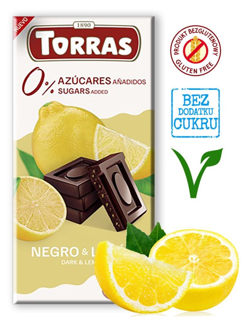 CZEKOLADA GORZKA Z CYTRYNĄ BEZ DODATKU CUKRÓW BEZGLUTENOWA 75 g – TORRAS